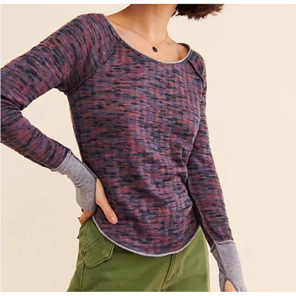 Free People Knit Top Womens Sz S Spaced Out Scoop Neck Purple Night Thumbholes